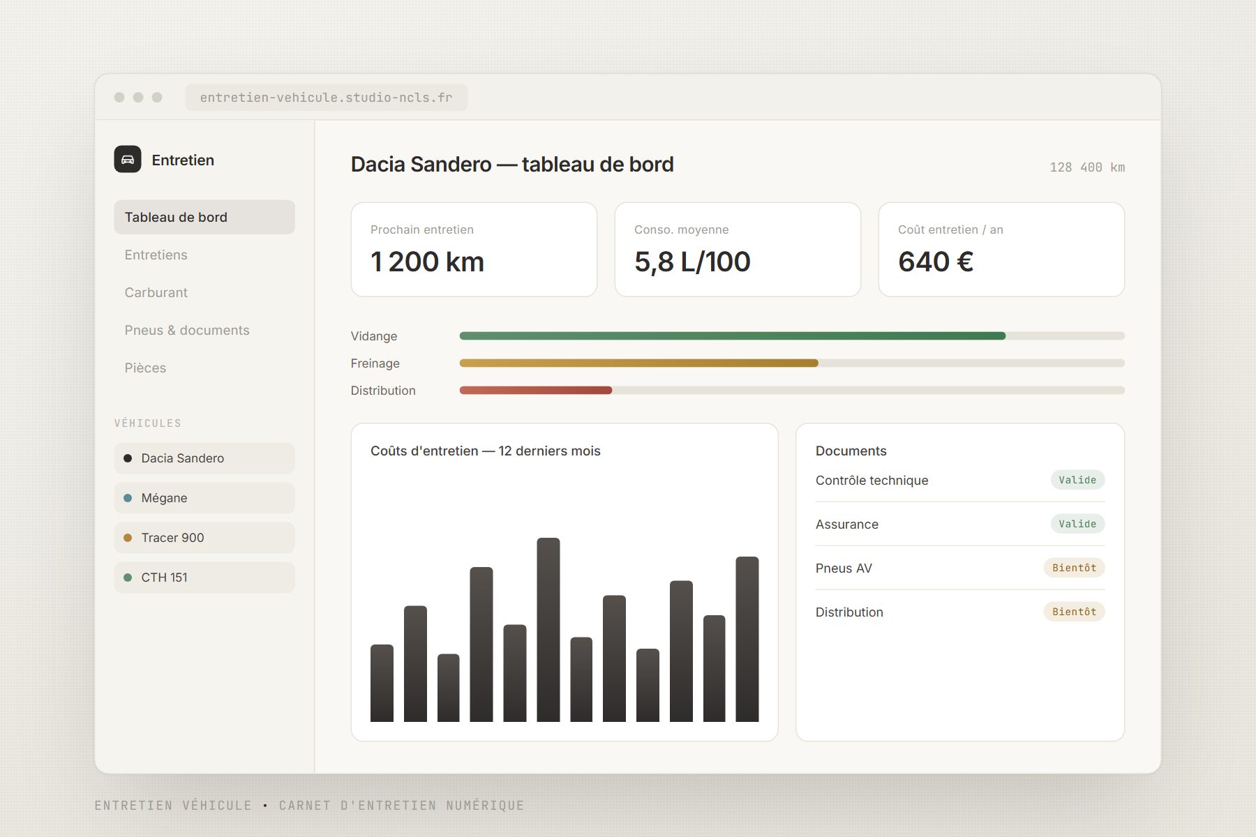 Aperçu de l'interface Entretien Véhicule